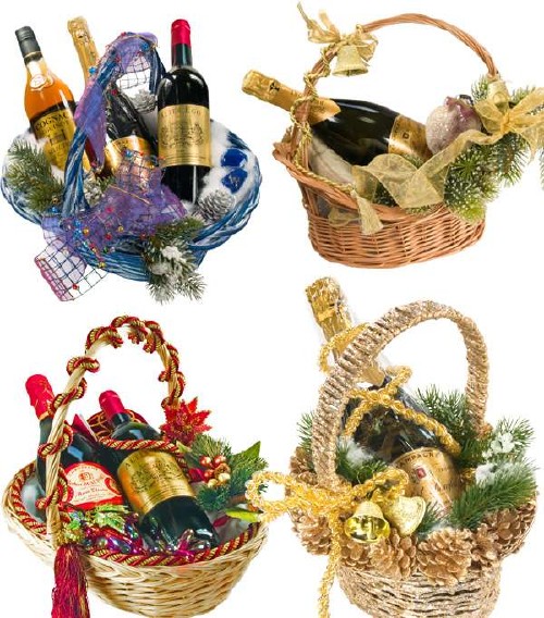 Фотосток: новогодние праздничные корзинки с вином